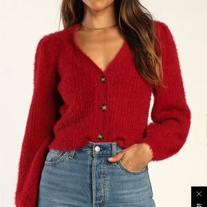 Lulu’s Cozy Touch Wine Red Eyelash Knit Button-Up Cardigan Sweater